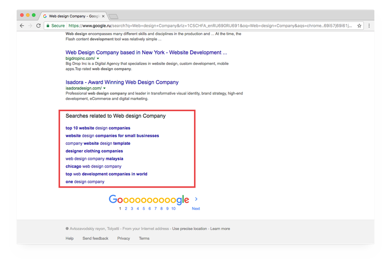 Google search results related to the “web design company” request.