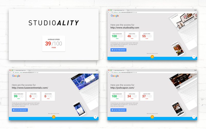 Page speed test of first websites from Studio Atlity