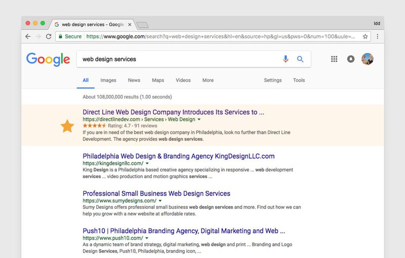 Picture of Google rank for “web design services” keywords