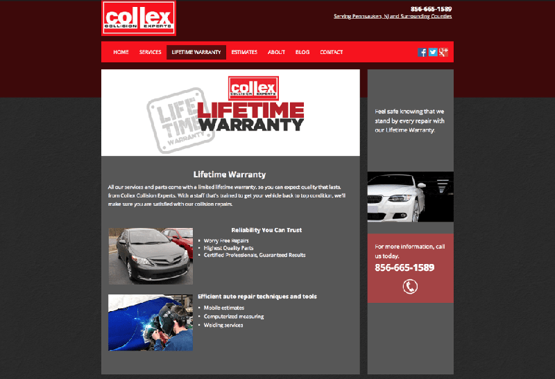Old web design of Collex service page