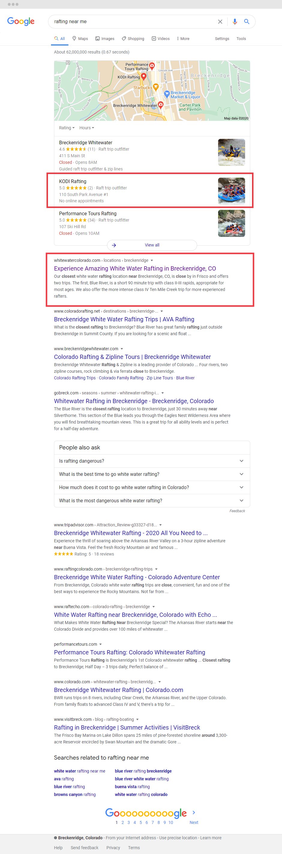 SERP screenshot for “rafting near me” query displaying our client in snippets and the top of search results
