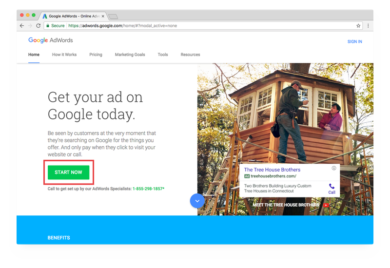 Screenshot of the homepage of the Adwords website.