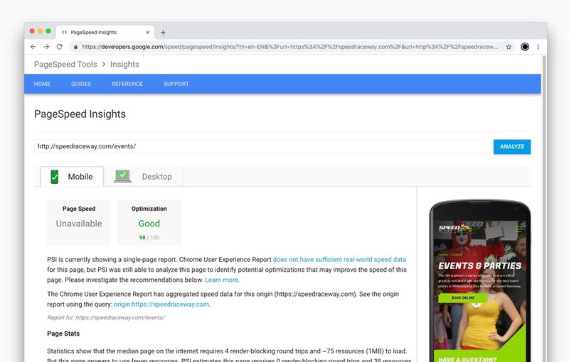 Mobile optimization test results by using Google PageSpeed Insights