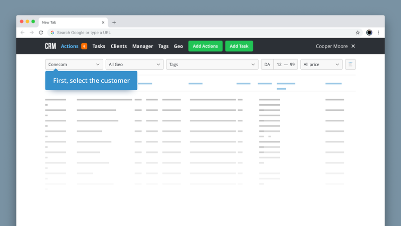 Actions section menu in CRM