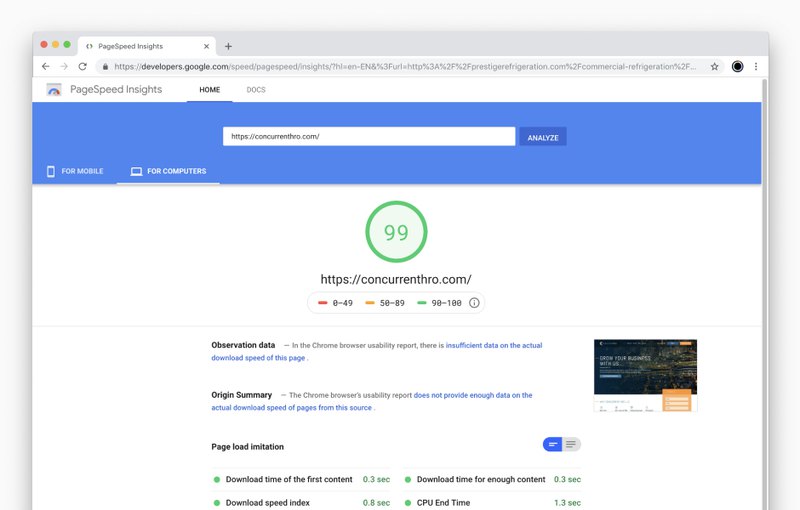 Google PageSpeed Insights desktop score | Our SEO work