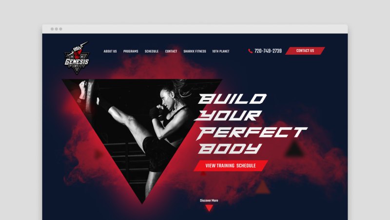 Red and black custom design for fitness services website with clear navigation.