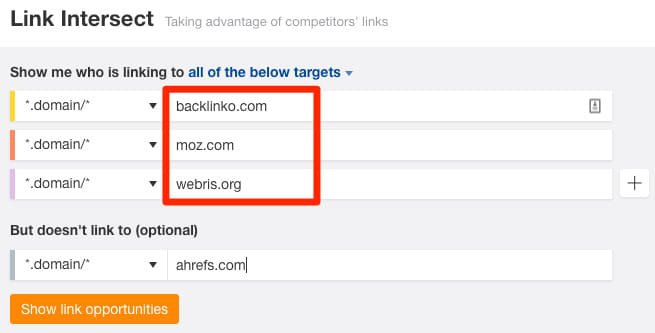 Link Intersect showing websites that link to certain targets