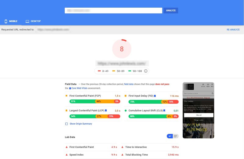 PageSpeed Insight rating of 8