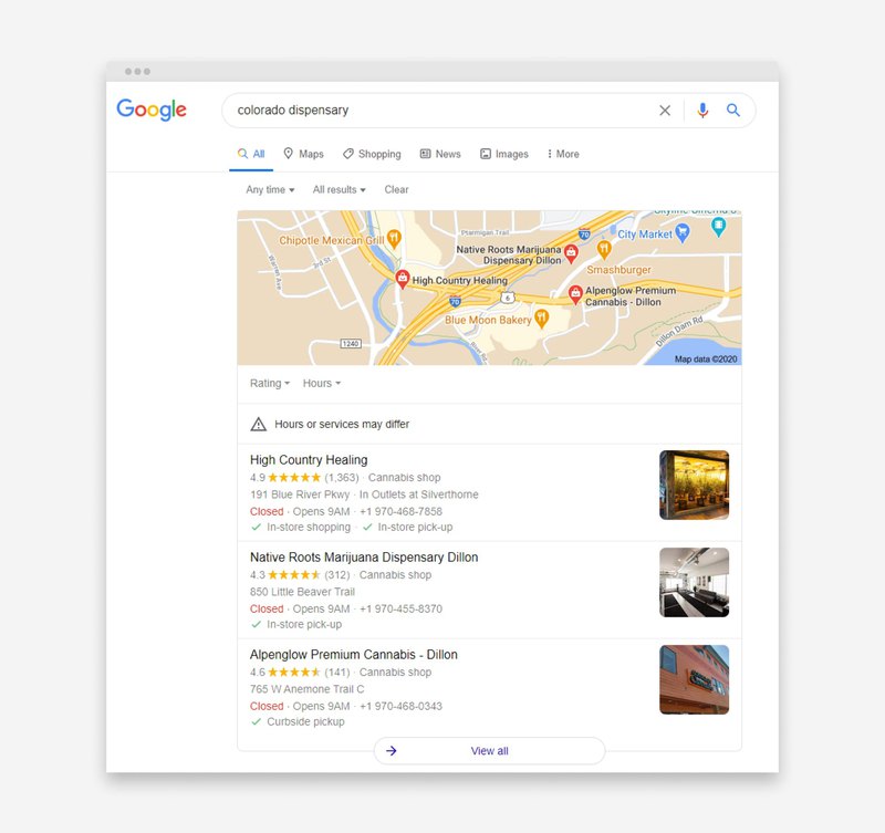 Screenshot of Google SERP that displays our client on the first place in Local Pack