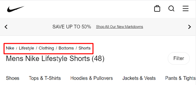 Hierarchy-based breadcrumb trail: Nike / Lifestyle / Clothing / Bottoms / Shorts