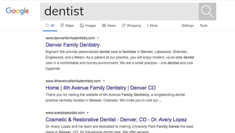 screenshot displaying search engine results for dental-related query