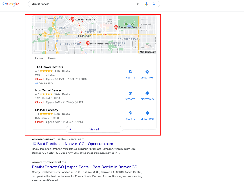 SERP screenshot displaying Google snippets for “dentist denver” query