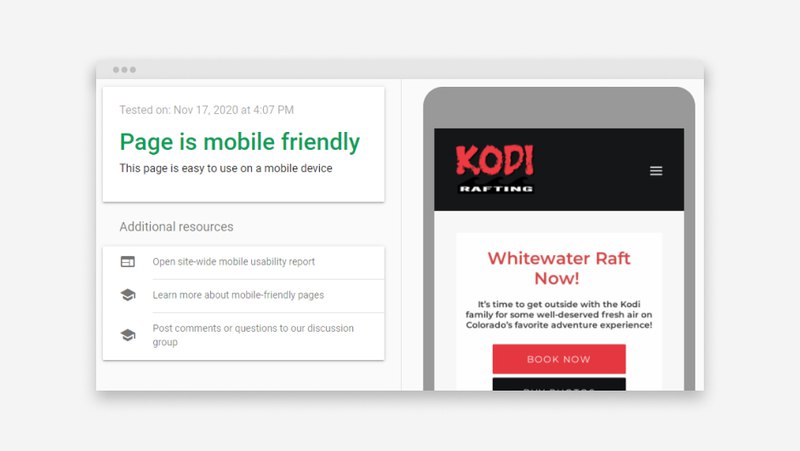 Google’s Mobile Friendly Test screenshot for KODI Rafting website