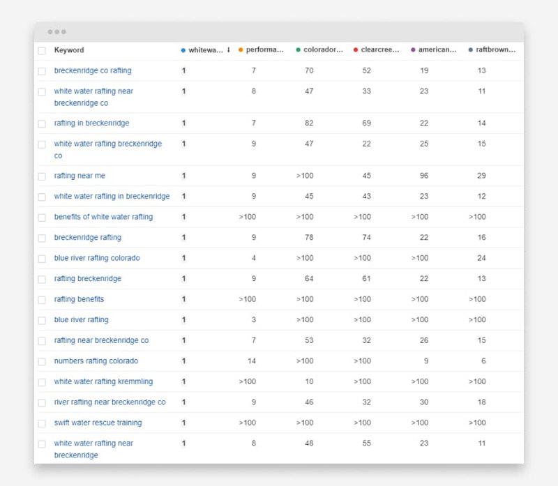 screenshot displaying comparison table with competing websites’ positions in SERP