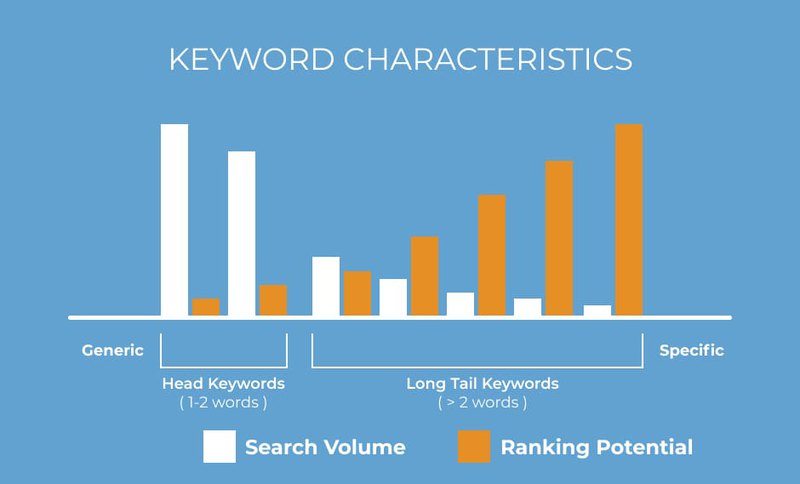 Search volume and ranking potential diagrams for head and long tail keywords 