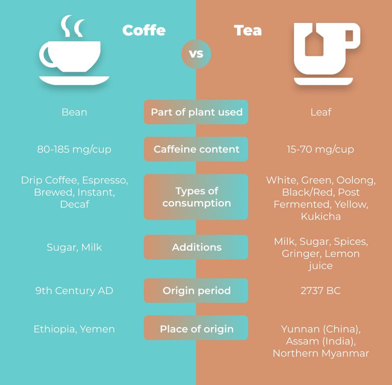 The infographic uses pleasing colors and tells the story of coffee and tea to compare them.