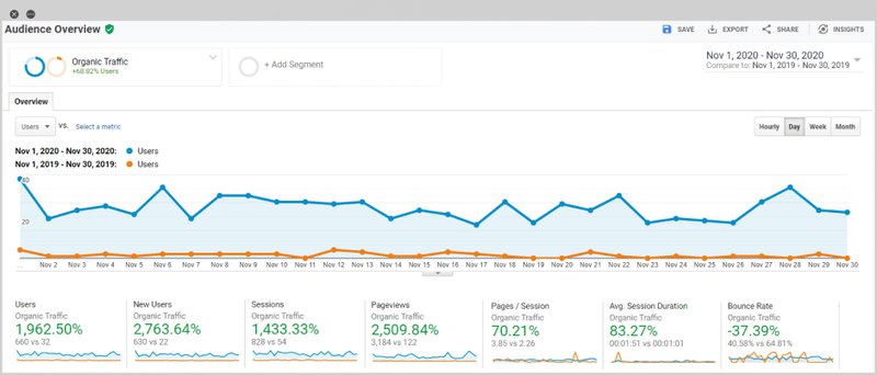 audience overview screenshot displaying organic traffic stats before and during SEO project