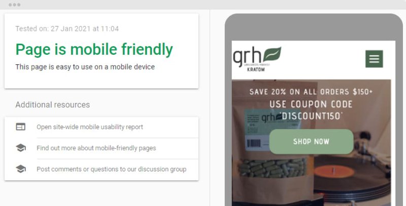 test results showing client’s website is mobile-friendly