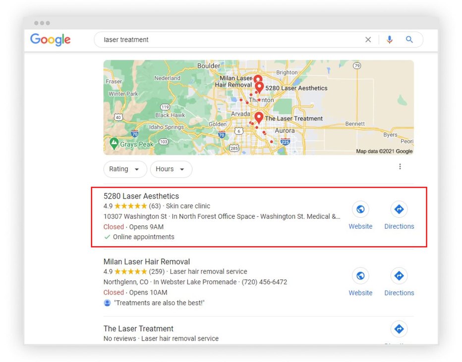 Screenshot displaying the upper part of Google SERP for the “laser treatment” query