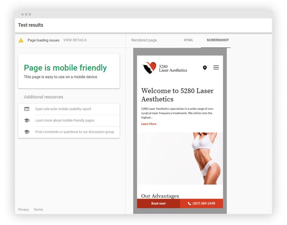 Screenshot with Mobile-Friendly Test Results for 5280 Laser Aesthetics website