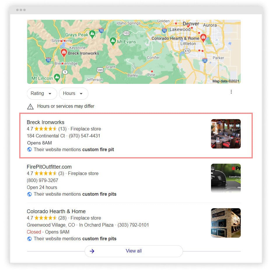 Screenshot of a Google results page with Breck Ironworks snippet on the top
