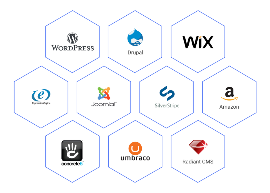 logos of famous CMS platforms inside honeycomb-like panels