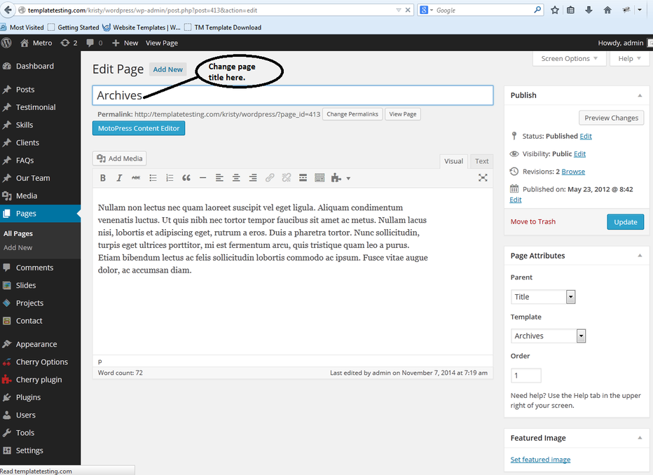 screenshot of site editor showing where to change page title