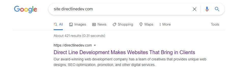 results of typing "site:directlinedev.com" in Google to see if it’s indexed