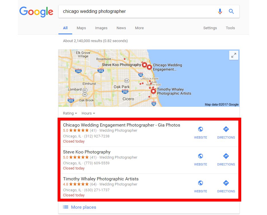 screenshot of results of googling “chicago wedding photographer”