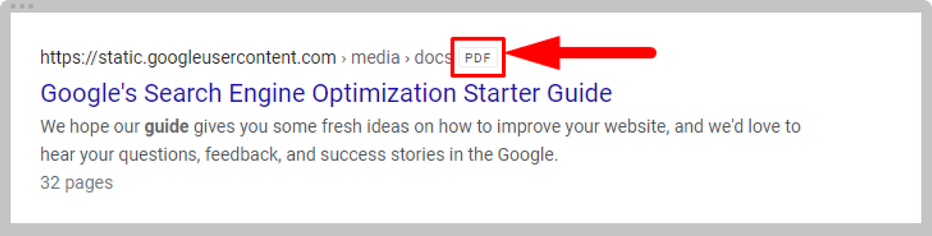 screenshot of site in search results with arrow pointing at PDF sign
