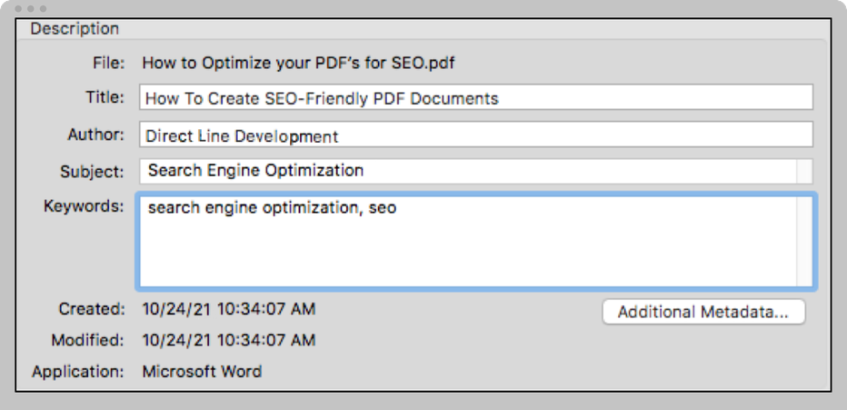screenshot of PDF document’s description from Microsoft Word with keywords added
