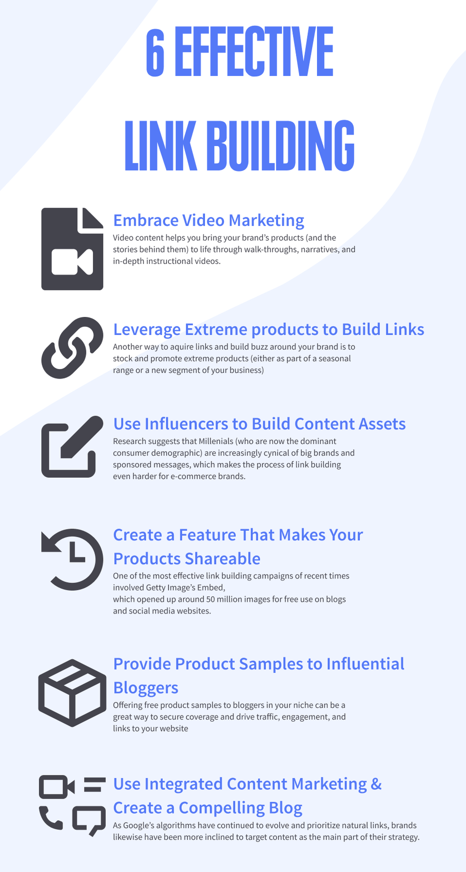 infographic with 6 effective link building techniques for eCommerce businesses