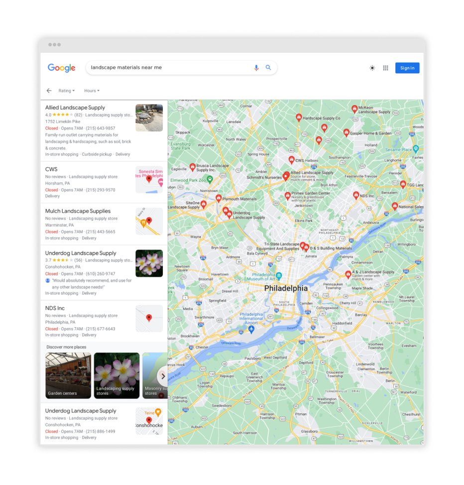 screenshot of “landscape materials near me” request Google search results