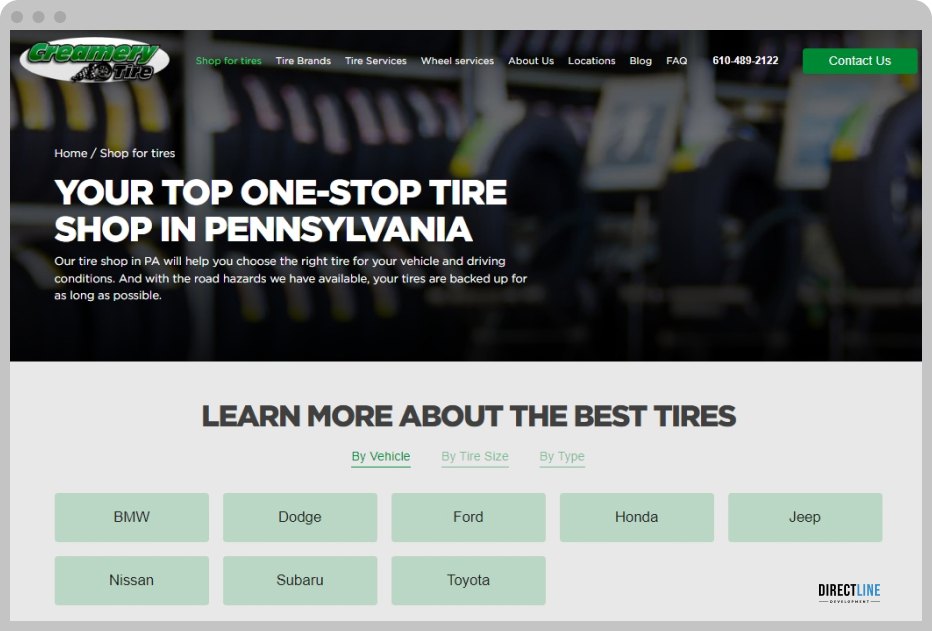 Landing page of the site for the sale of automobile tires with a list of products.