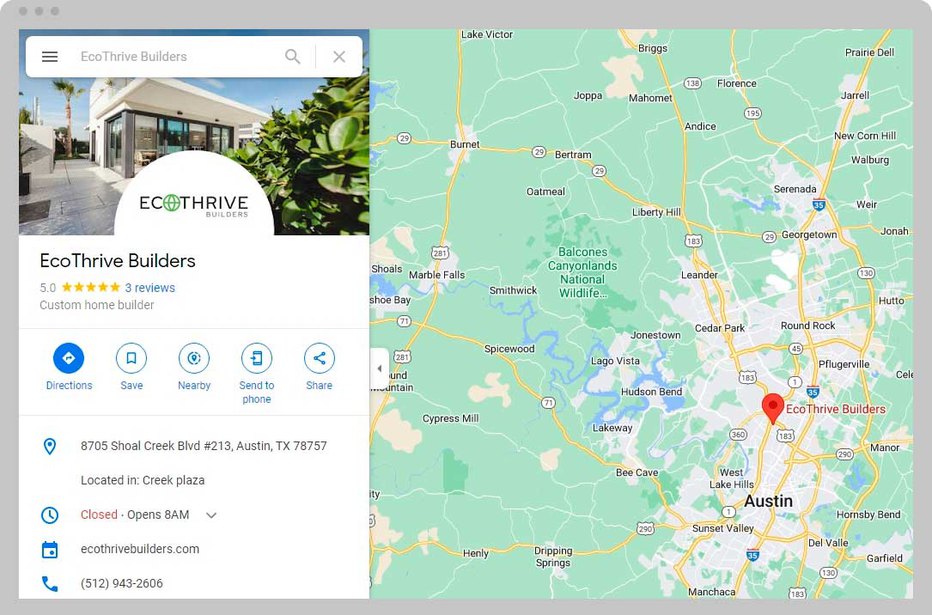 Google Maps showing location and details of EcoThrive Builders as part of the local SEO construction
