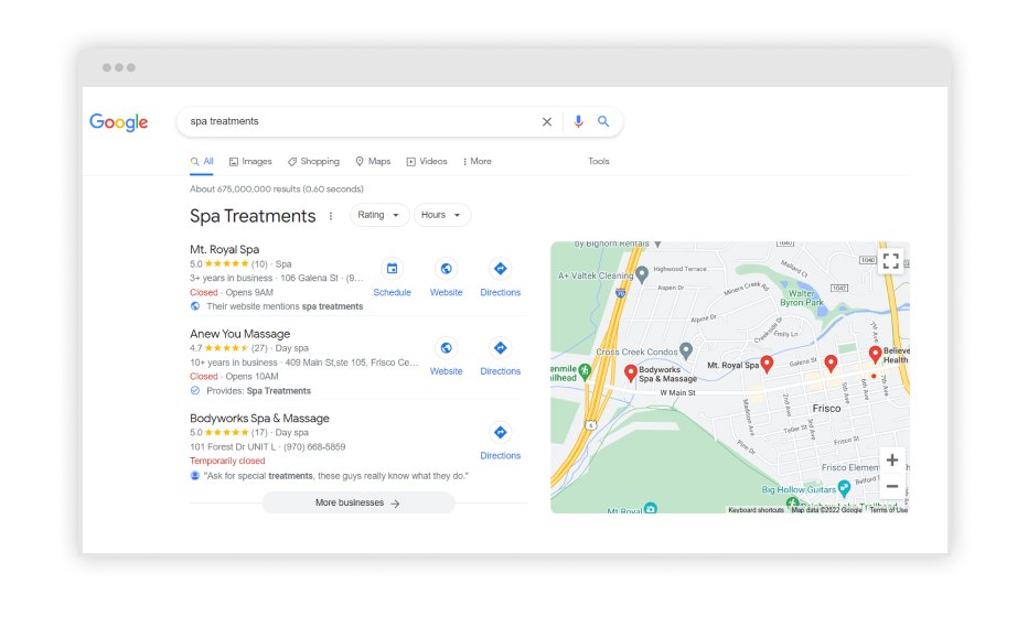 screenshot of “spa treatments” request Google search results