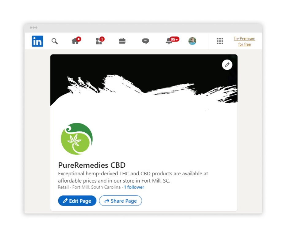 A screenshot of the PureRemediesCBD main page in the Linkedin social network.