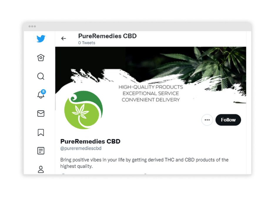 A screenshot of the PureRemediesCBD main page in the Twitter social network .
