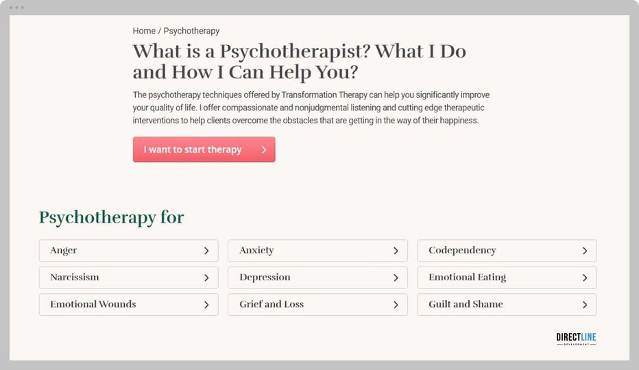 Webpage featuring our healthcare website design showing what a psychotherapist does for patients