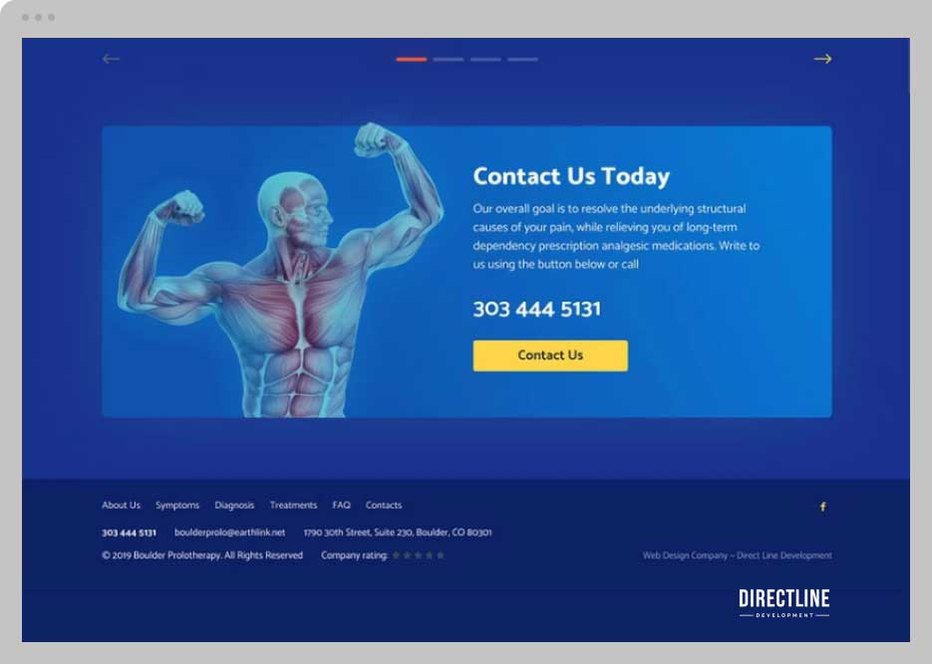 A Contact Us page featuring a blue-themed medical website design showing contact information.