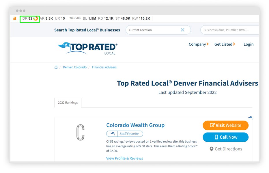 A screenshot of top rated financial companies in the local area with CWG site in 1st place.