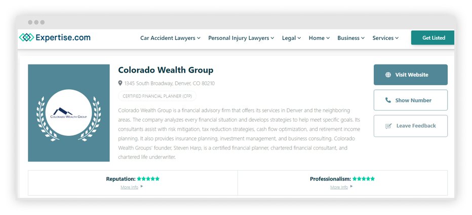A screenshot of the site collected the information about local financial planning companies.