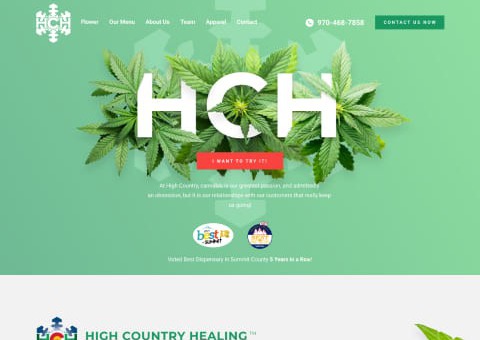 A captivating dispensary web design for HCH company’s CBD website with weed leaves in background