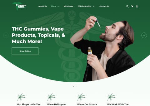 Pharma CBD website featuring an impressive CBD design on its webpage with a green and white theme