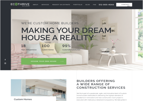 A custom construction company website design for EcoThrive Builders displaying relevant media