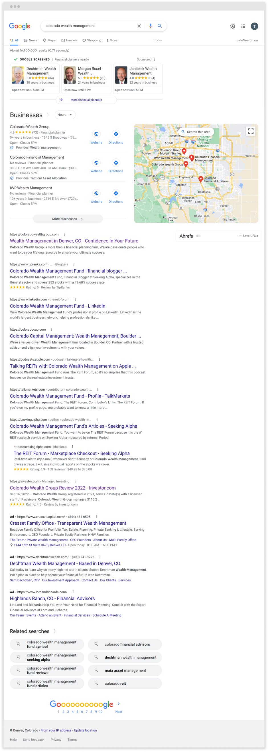 screenshot of “wealth advisor Colorado” request Google Maps search results