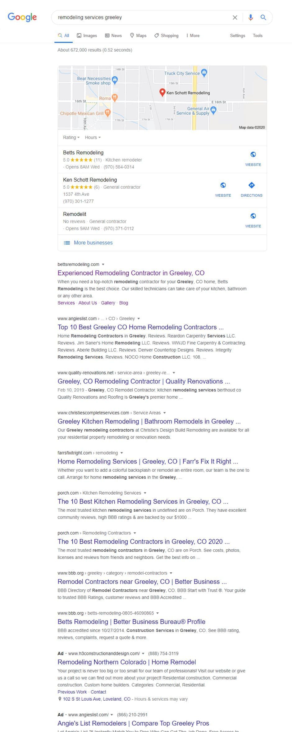 screenshot of the local search results with the key query